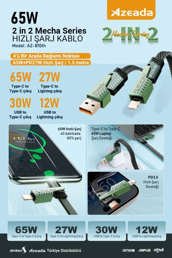 Azeada 65 Watt + PD 25 Watt USB Type-C to Lightning Şarj Kablosu - Görsel 2