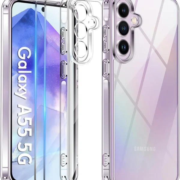 Samsung Galaxy A55 Şeffaf Silikon Kılıf + 2 Adet Cam Ekran Koruyucu Seti