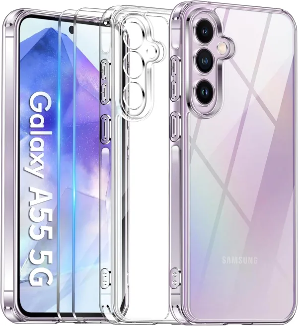 Samsung Galaxy A55 Şeffaf Silikon Kılıf + 2 Adet Cam Ekran Koruyucu Seti