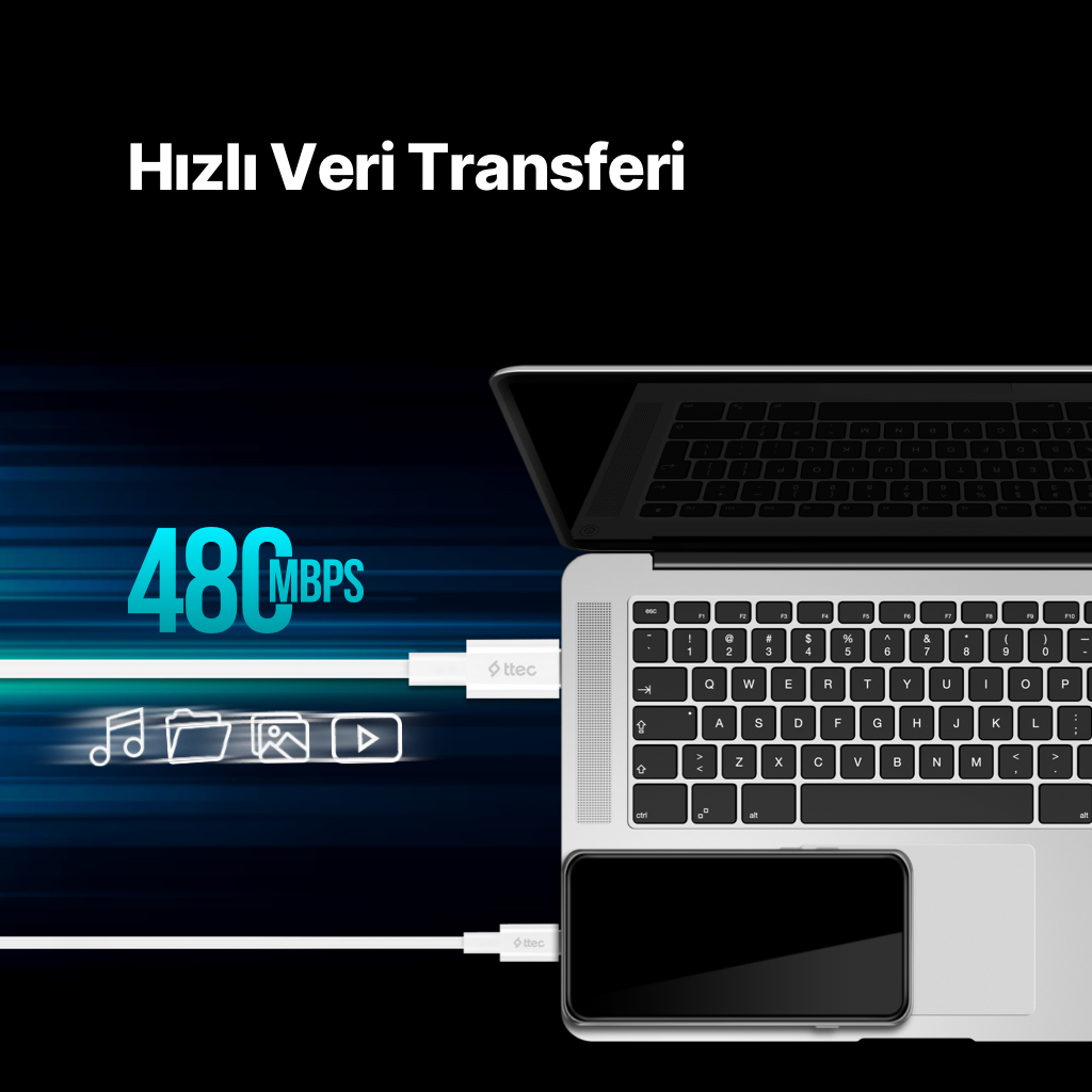 ttec USB-C to USB-C 65W PD/QC Hızlı Şarj Kablosu 120cm Beyaz | Type-C Uyuml