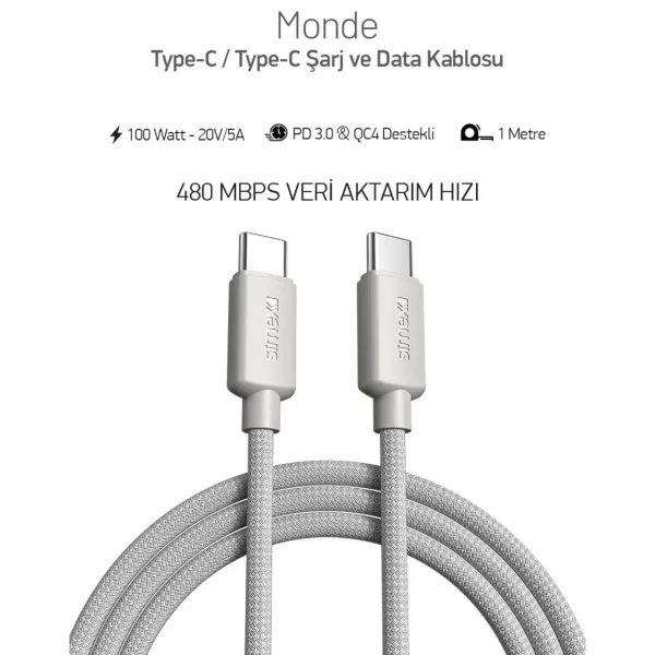 Simex Monde 100Watt Type-C to Type-C Hızlı Şarj & Data Kablosu - Görsel 2