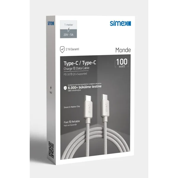 Simex Monde 100Watt Type-C to Type-C Hızlı Şarj & Data Kablosu - Görsel 3