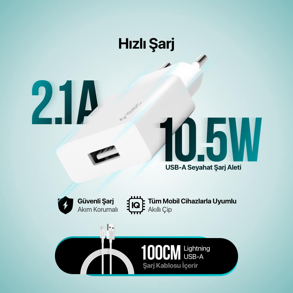 ttec SmartCharger 2.1A iPhone Şarj Aleti + Lightning Kablo – 2SCS20LB Beyaz ttec SmartCharger 2.1A Seyahat Şarj Aleti + Lightning Kablo (2SCS20LB)
