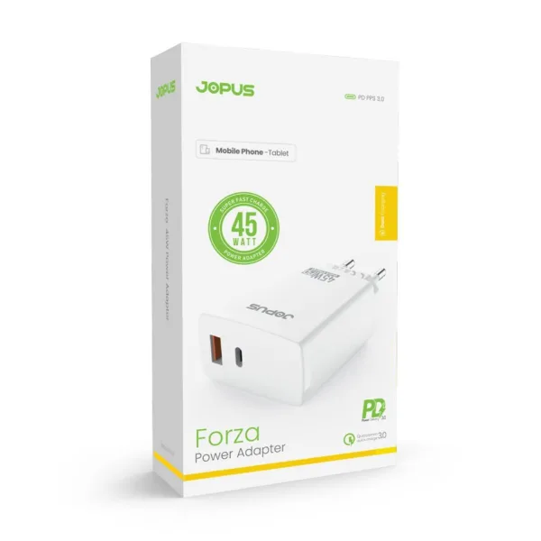 Jopus Forza 45W Hızlı Şarj Adaptörü – PD & USB-A QC 3.0 Çift Girişli, Beyaz (JO-S06) - Görsel 3