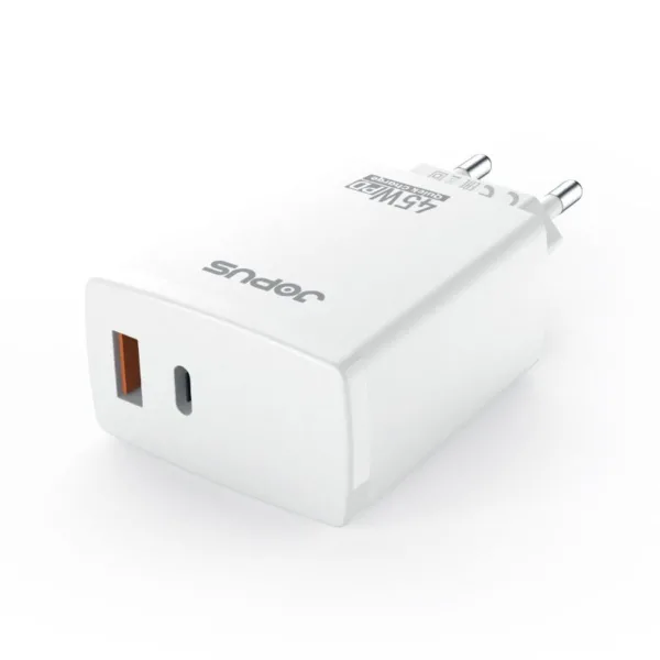 Jopus Forza 45W Hızlı Şarj Adaptörü – PD & USB-A QC 3.0 Çift Girişli, Beyaz (JO-S06)