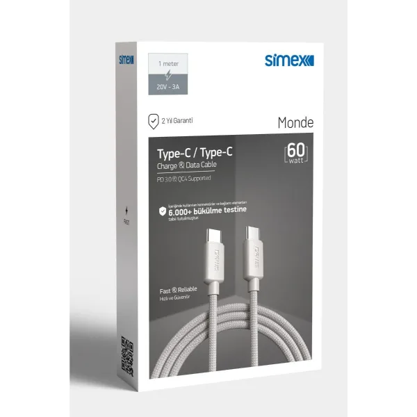 Simex Monde 60 Watt Kablo Type-C to Type-C SPK-10 - Görsel 3