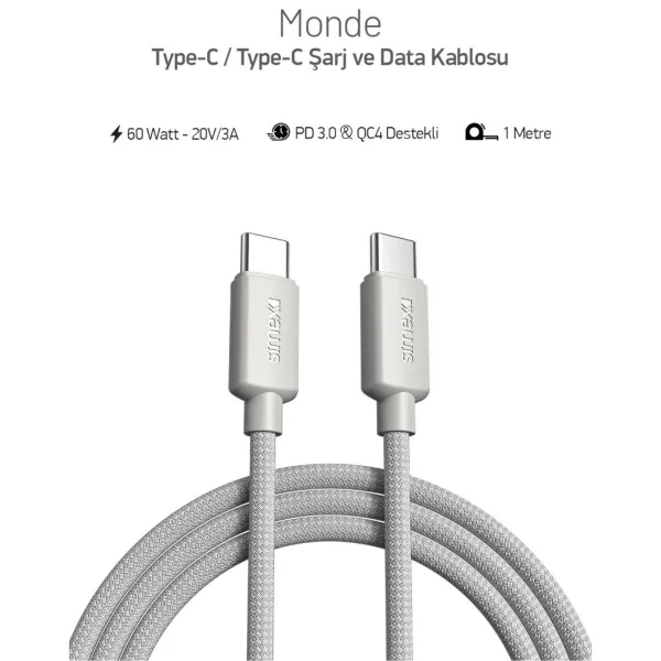 Simex Monde 60 Watt Kablo Type-C to Type-C SPK-10 - Görsel 2