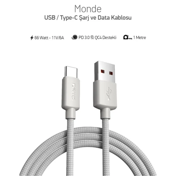 Simex Monde 66Watt USB to Type-C Hızlı Şarj & Data Kablosu - Görsel 2