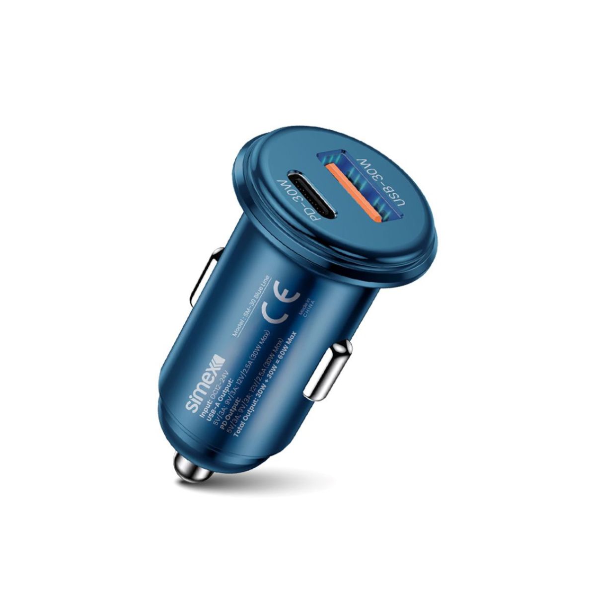 Simex SM-30 Blue Line 60W Metal Araç Şarj Başlığı – USB & PD Çıkışlı