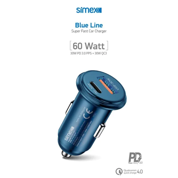 Simex Blue Line 60 Watt Metal Araç Şarj Başlığı - Görsel 2
