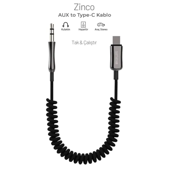 Simex Zinco Spiralli 3.5mm to Type-C Aux Kablo - Görsel 2