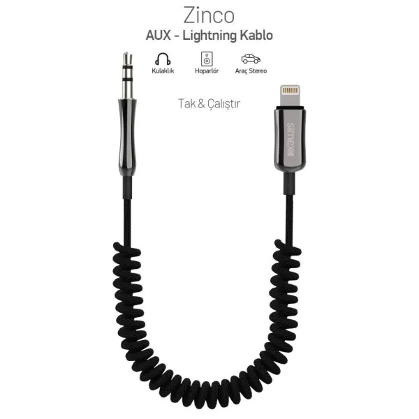 Simex Zinco Spiralli 3.5mm Lightning Aux Kablo - Görsel 2