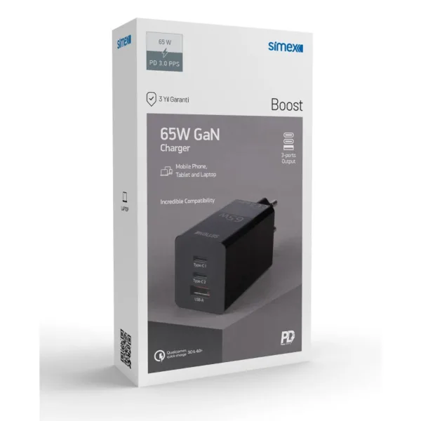 Simex Boost 65W 3 Port Şarj Adaptörü | PD & QC 3.0 - Görsel 4