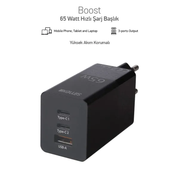 Simex Boost 65W 3 Port Şarj Adaptörü | PD & QC 3.0 - Görsel 2