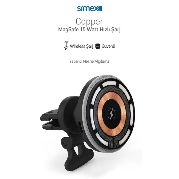 Simex Copper 15W Magsafe Araç Şarjı Telefon Tutucu - Görsel 3
